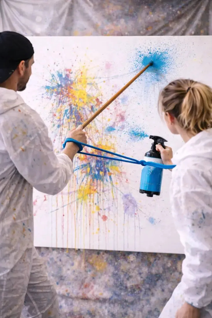 Team gestaltet ein großes Action-Painting-Kunstwerk