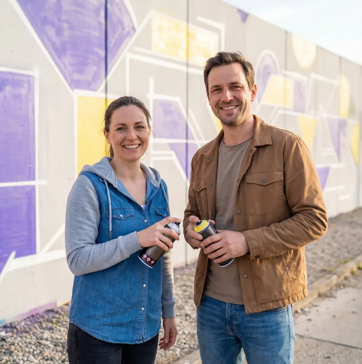 Team mit Spraydosen vor einer Graffiti-Wand in Periwinkle und Gelb